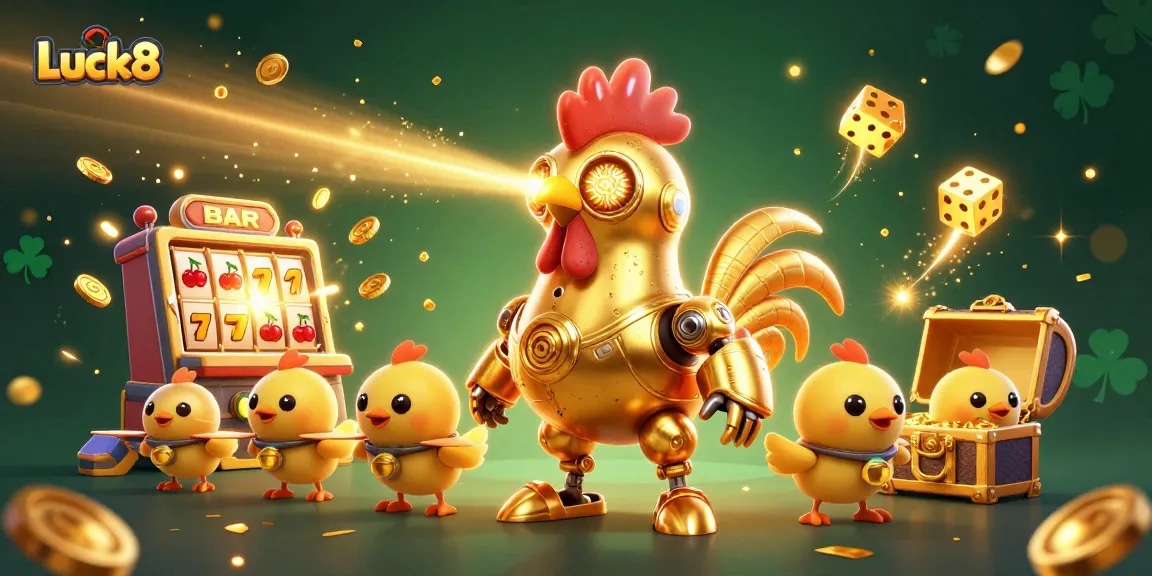 Luck8 offers a vibrant casino experience with a golden rooster robot and jackpot explosions.