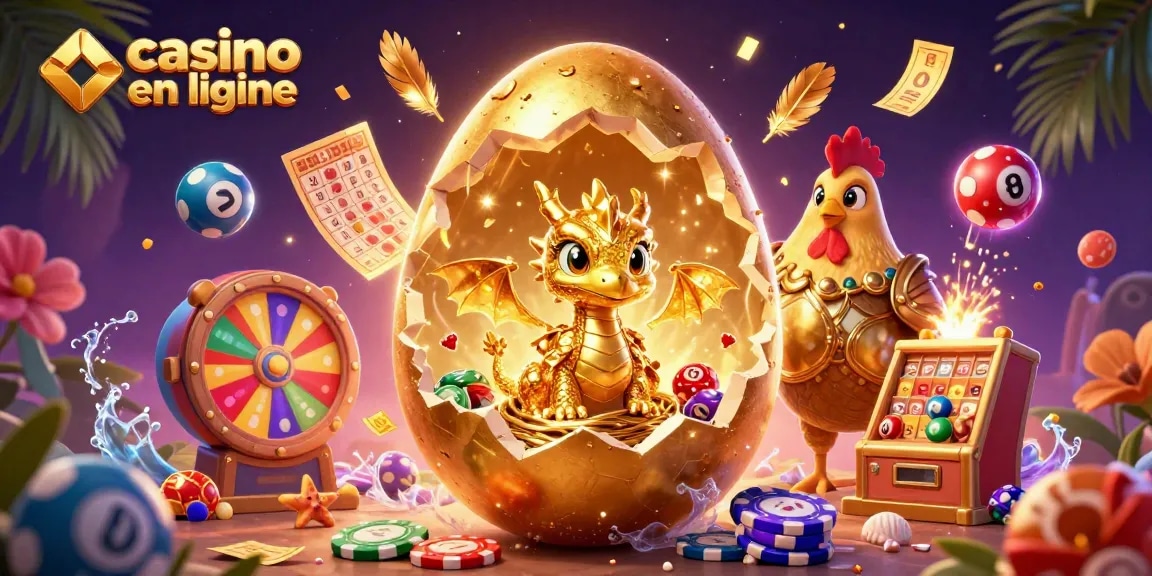 Jouez à des jeux de casino en ligne avec une scène pleine d'énergie, incluant des éléments de loterie et un dragon doré.