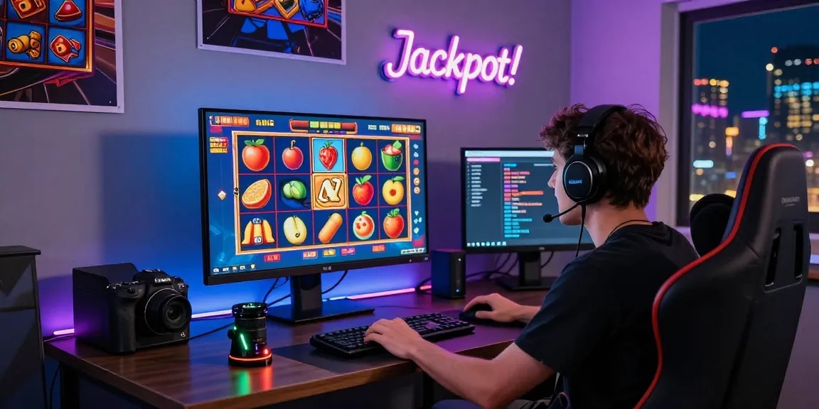Engaged player enjoying vibrant slot games on high-tech setup, showcasing excitement in online gaming.