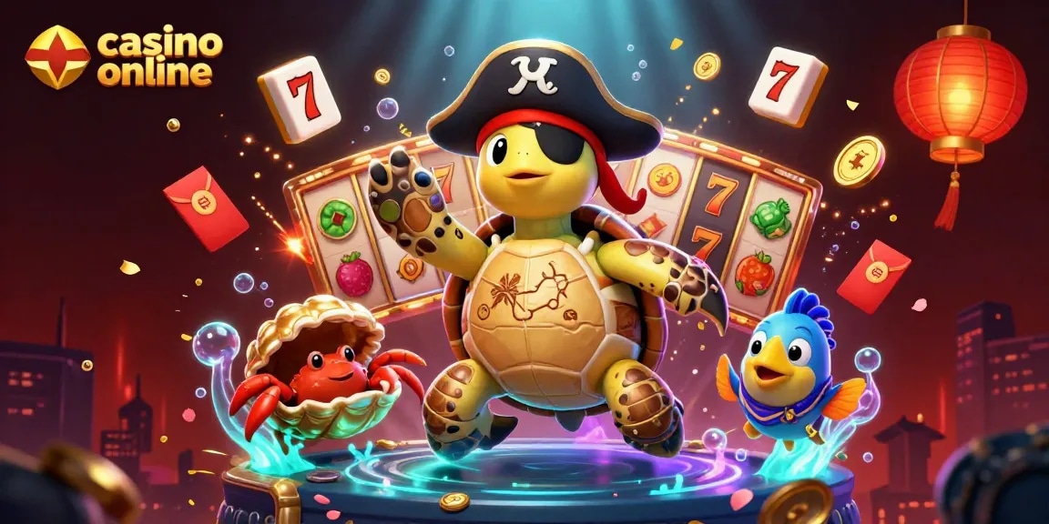 Giocare nel casino online con una tartaruga pirata e tesori affondati in un'illustrazione vivace.