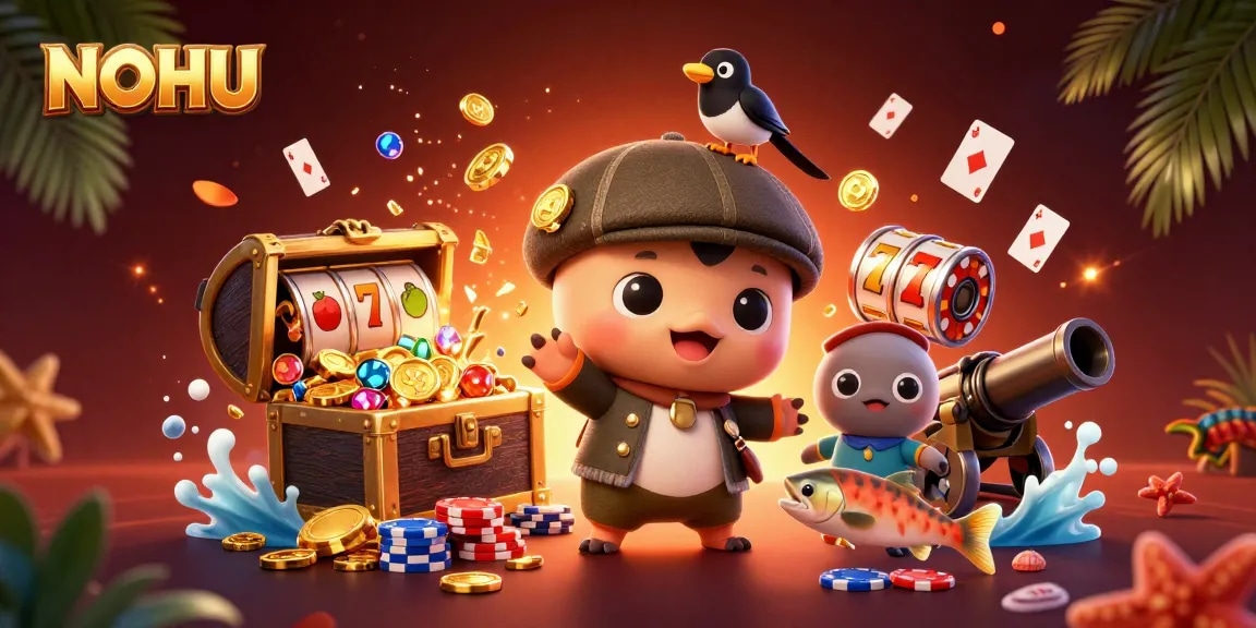 Engage with NOHU's vibrant casino world featuring playful characters and slot elements.