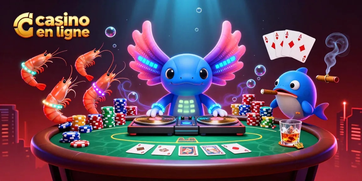 Gagnez sur un casino en ligne tout en dansant avec un DJ axolotl animé et des crevettes colorées.