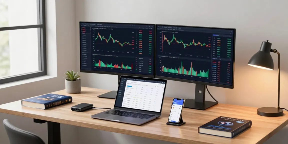 Cricbet99 advanced trading setup showing cryptocurrency charts and security devices in a modern workspace