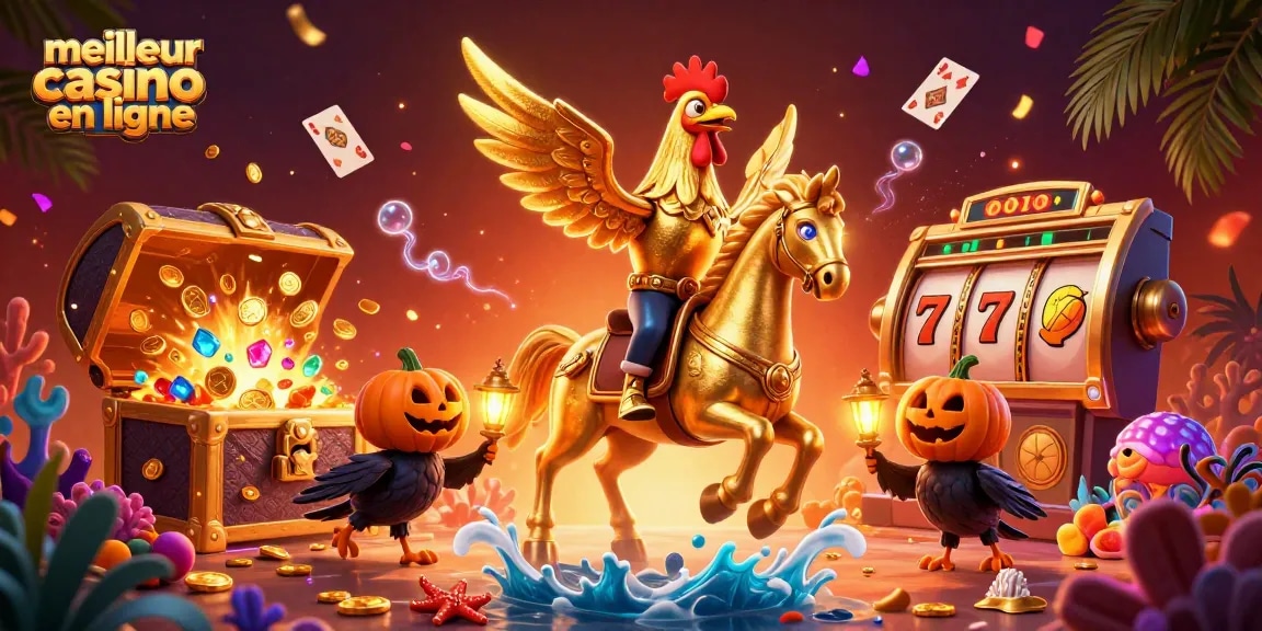 Célébrez le meilleur casino en ligne avec une scène dynamique comprenant un coq doré et des jeux captivants.