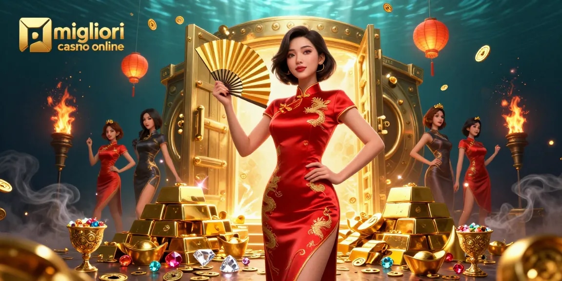 I migliori casino online con una donna sicura di sé in un qipao rosso circondata da monete d'oro e gioielli scintillanti.