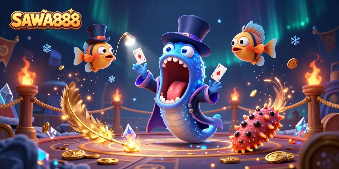 SAWA888 features a bioluminescent eel performing card tricks, amid gold coins and vibrant particles.