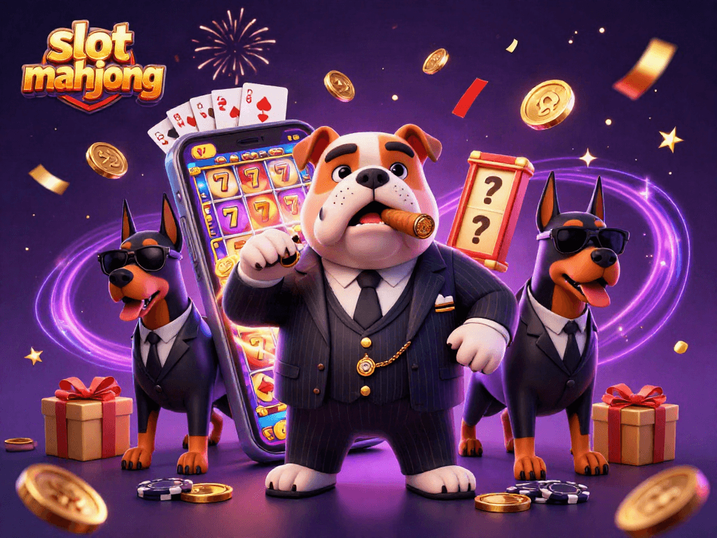 Experience slot mahjong action with a cartoon mafia boss bulldog and dynamic casino elements.