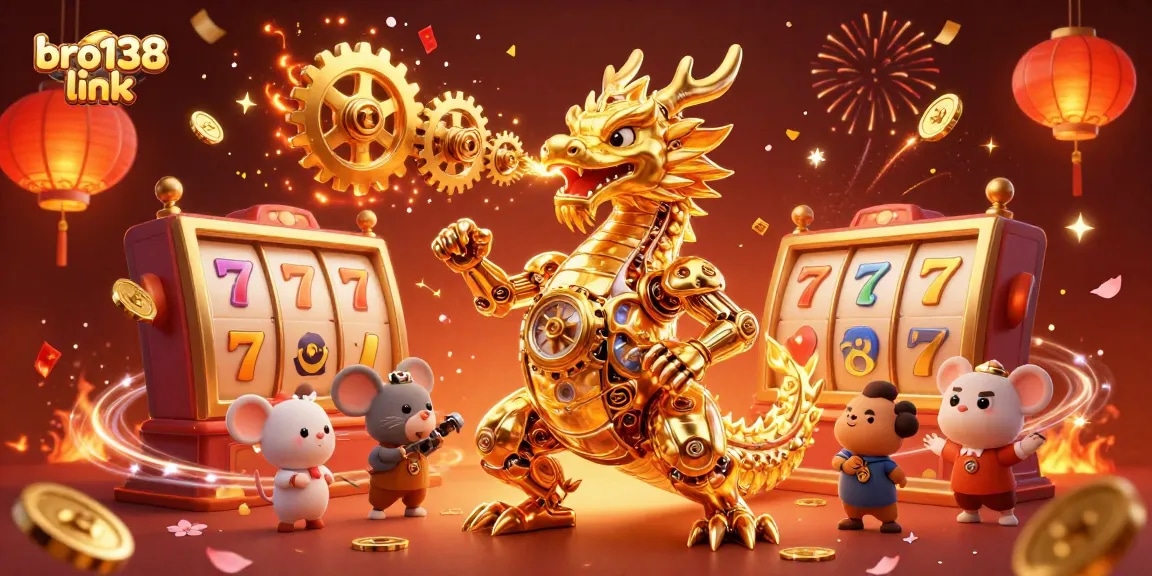 Engage with the vibrant gaming action at bro138 link with a golden dragon and casino elements bursting in celebration.