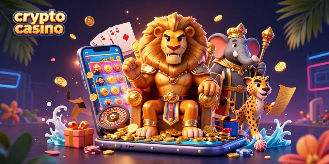 Le casino crypto captivant avec un lion roi en armure, un éléphant sage et un guépard messager, entourés d'éléments de jeu dynamiques.