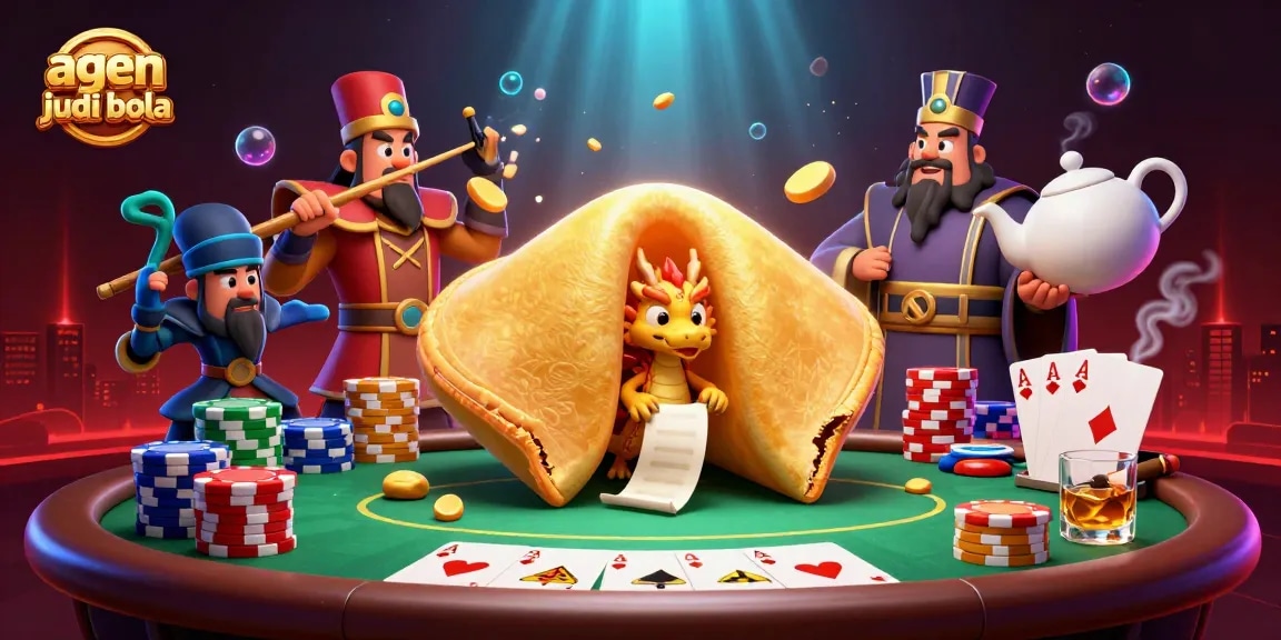 A captivating illustration showcasing agen judi bola elements with mythical characters guarding a poker table, enhancing the gaming atmosphere.