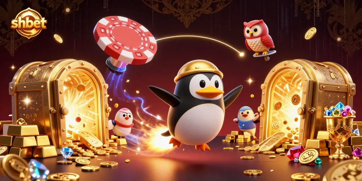 Join the exciting journey of shbet where a golden penguin fuels the thrill with coins in a vibrant casino-themed space.