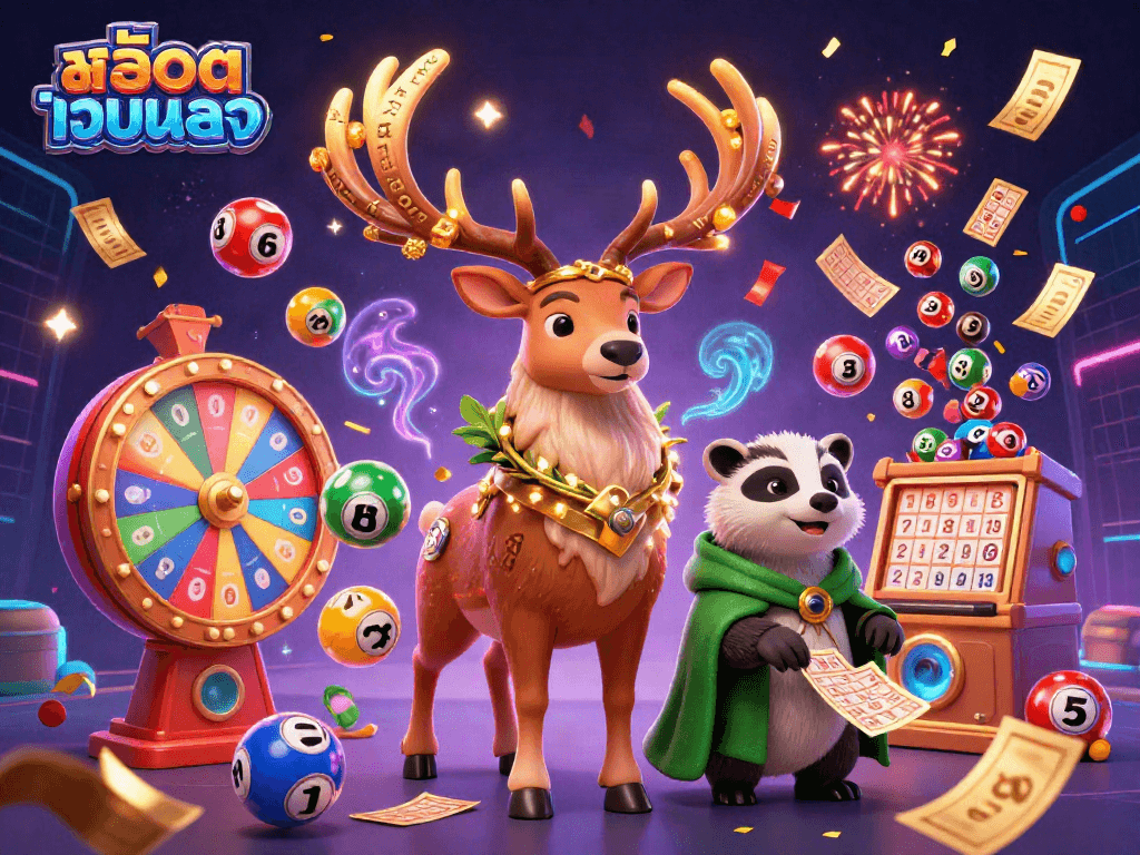 Win big with สล็อตเว็บตรง as cartoon characters celebrate amidst colorful gambling elements and dynamic visuals.