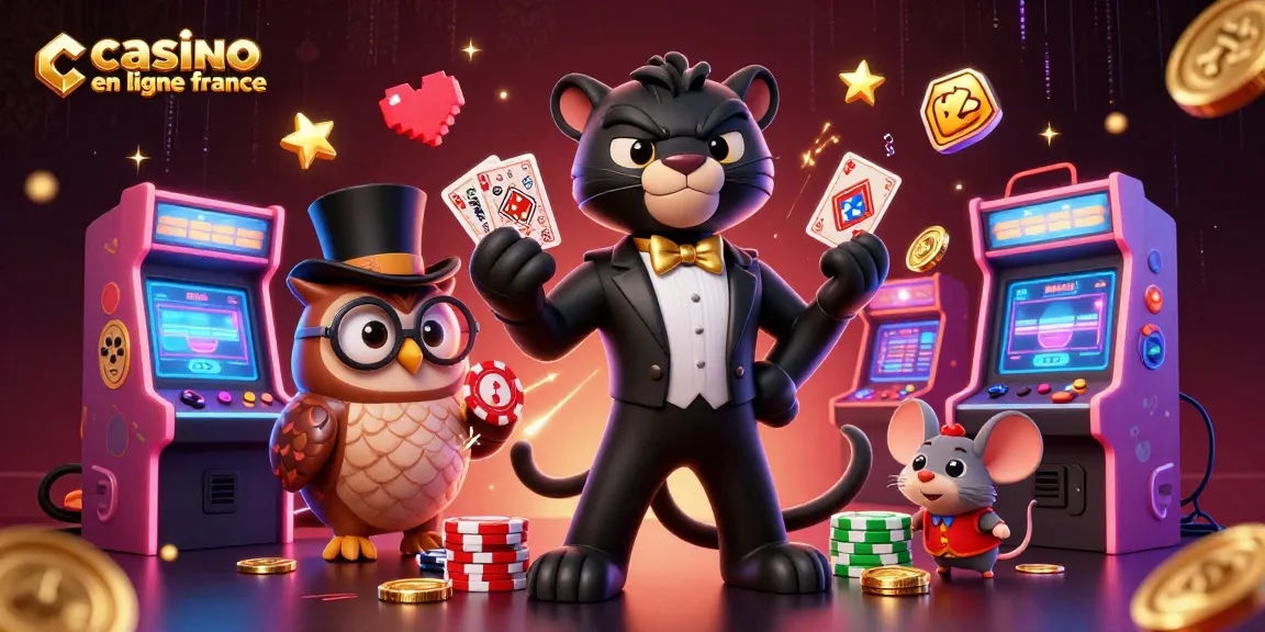 Engagez-vous avec la scène vibrante du casino en ligne France, mettant en avant des éléments de jeu colorés et des personnages ludiques.
