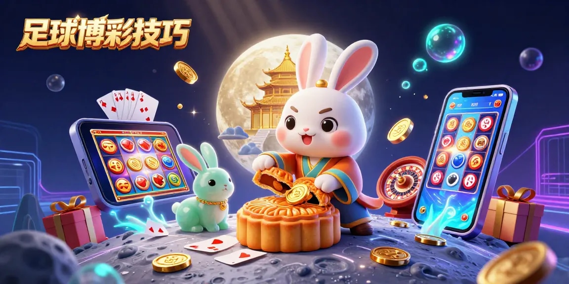 探索足球博彩技巧,兔子在月亮上製作金色的月餅,內藏撲克籌碼,賭博氛圍濃厚。