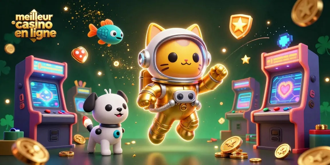 Jouez au meilleur casino en ligne avec un chat astronaute et un chien robot, entouré d'éléments de jeux colorés.