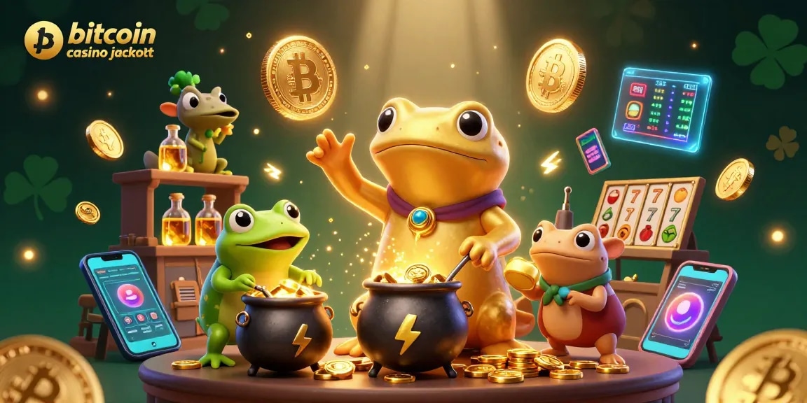 Engage with the bitcoin casino jackpot through a vibrant casino-themed 3D illustration featuring magical characters.
