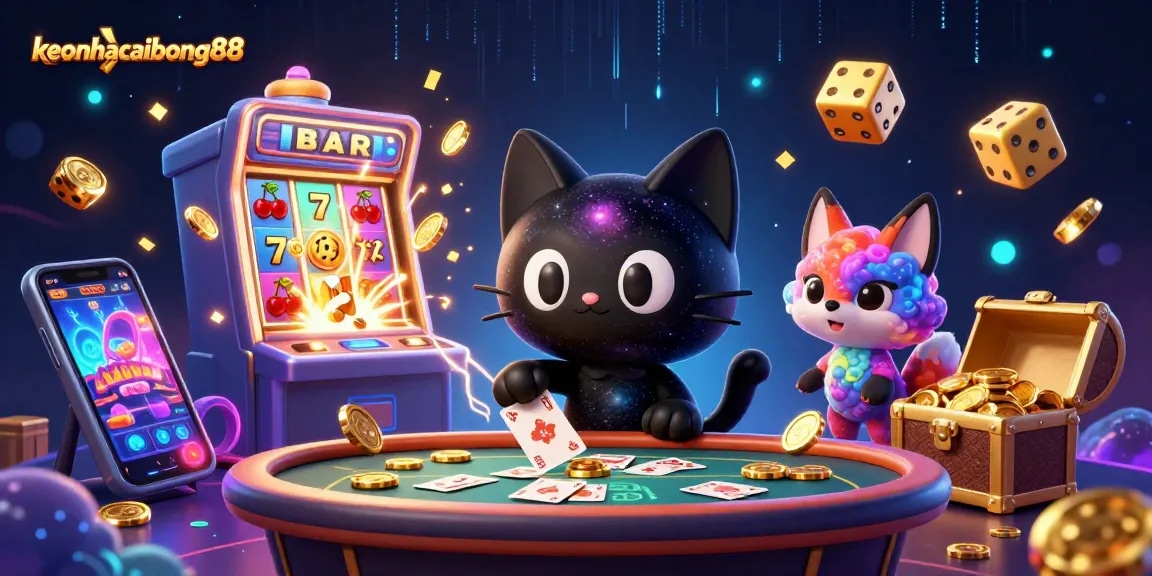 Engage with thrilling keonhacaibong88 gaming experience featuring cosmic cat at a vibrant casino table.