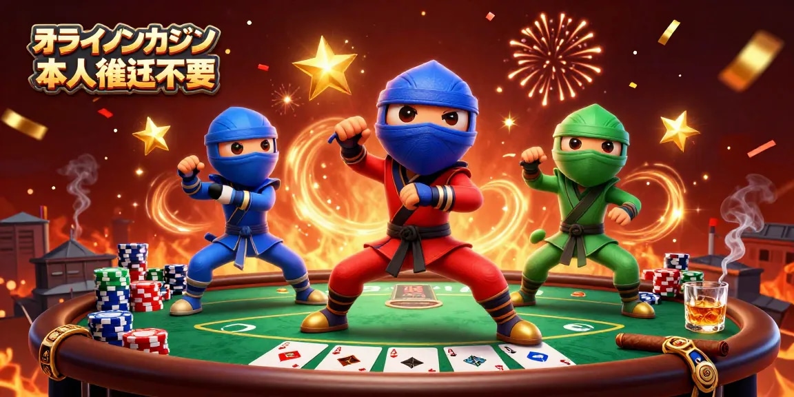 オンラインカジノ 本人確認不要で楽しむカジノゲームイラスト、忍者風のカメレオンがポーカーの周りで武道のポーズを決める