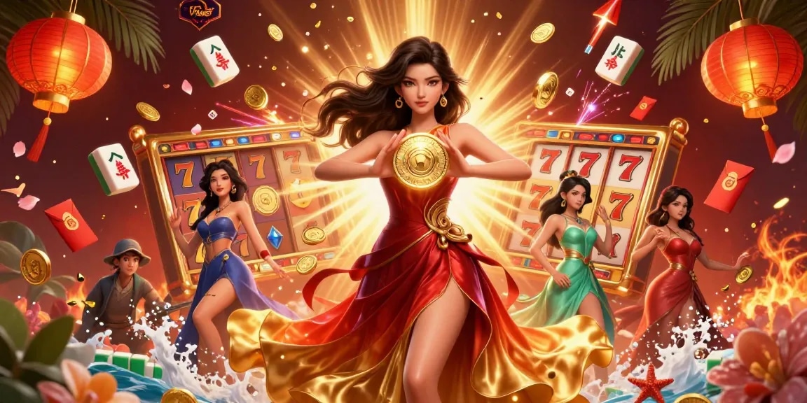 Experience thrilling gambling excitement with UFABET at a vibrant online casino illustration featuring captivating Asian symbols.