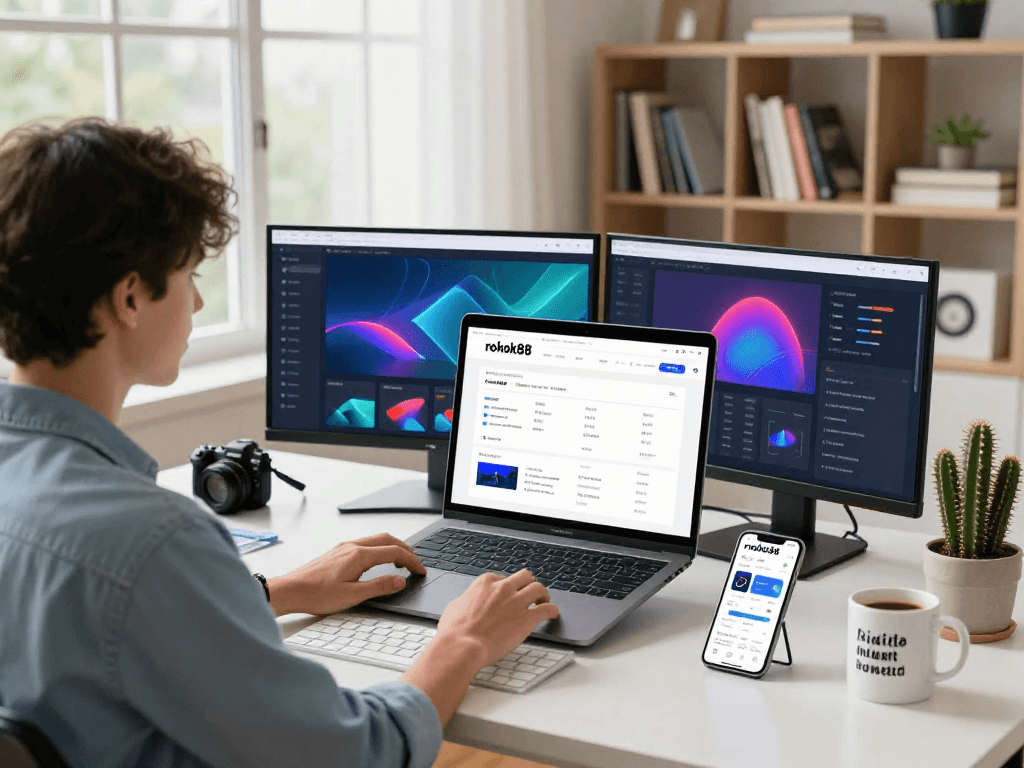 User logging into rokok88 platform on a sleek laptop in a bright workspace with multiple screens displaying data.