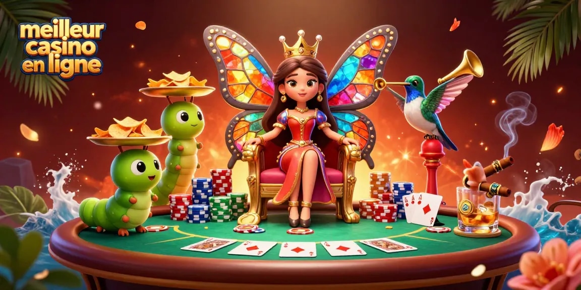 Vivez l'expérience du meilleur casino en ligne avec une reine papillon captivante et des éléments de poker.