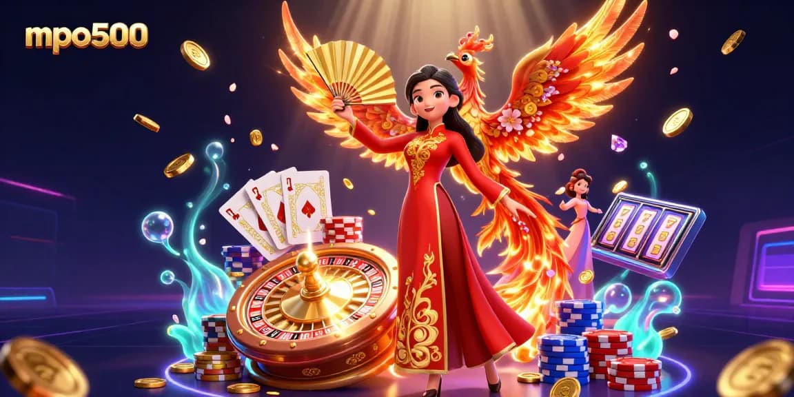 Experience thrilling gaming with mpo500 in a vibrant casino scene full of symbols and excitement.