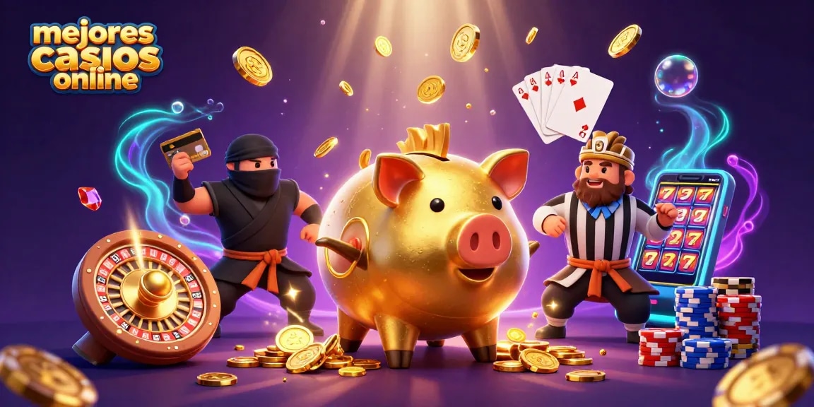 En este ilustrativo 3D, un sumo gigante representa los mejores casinos online mientras los personajes interactúan con monedas y fichas.