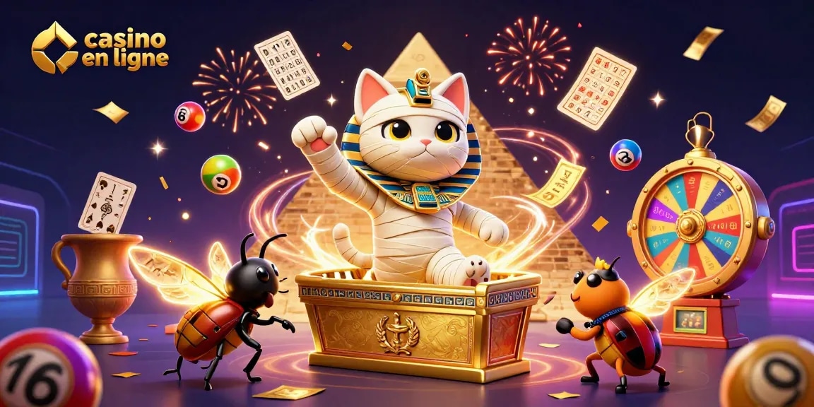 Découvrez le casino en ligne avec un chat momifié égyptien et des ballons colorés animés.