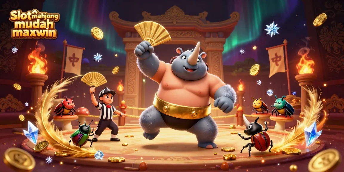 Experience the excitement of Slot mahjong mudah maxwin with a dynamic 3D beetle championship scene, filled with gold coins and vibrant elements.