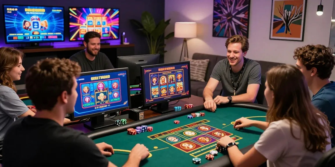 Joueurs engagés profitant des jeux avec croupiers en direct au casino en ligne France, mettant en valeur une atmosphère de jeu en ligne dynamique.