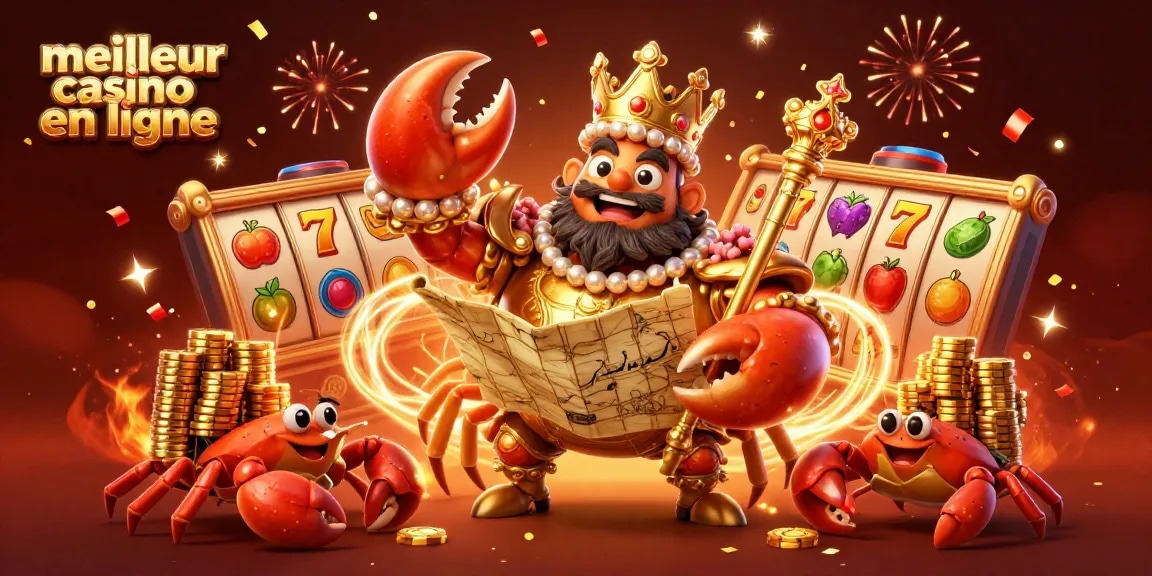 Jouez avec le meilleur casino en ligne dans une illustration dynamique d'un crabe en or entouré de machines à sous.