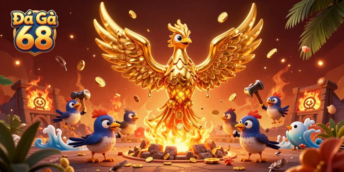 Engage in thrilling cockfighting action at Đá Gà 68, featuring molten phoenix and warrior elements.