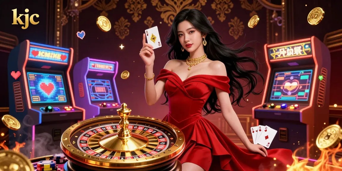 KJC offers exciting casino experiences with a stunning Asian woman in an elegant gown playing a golden card beside a roulette wheel.