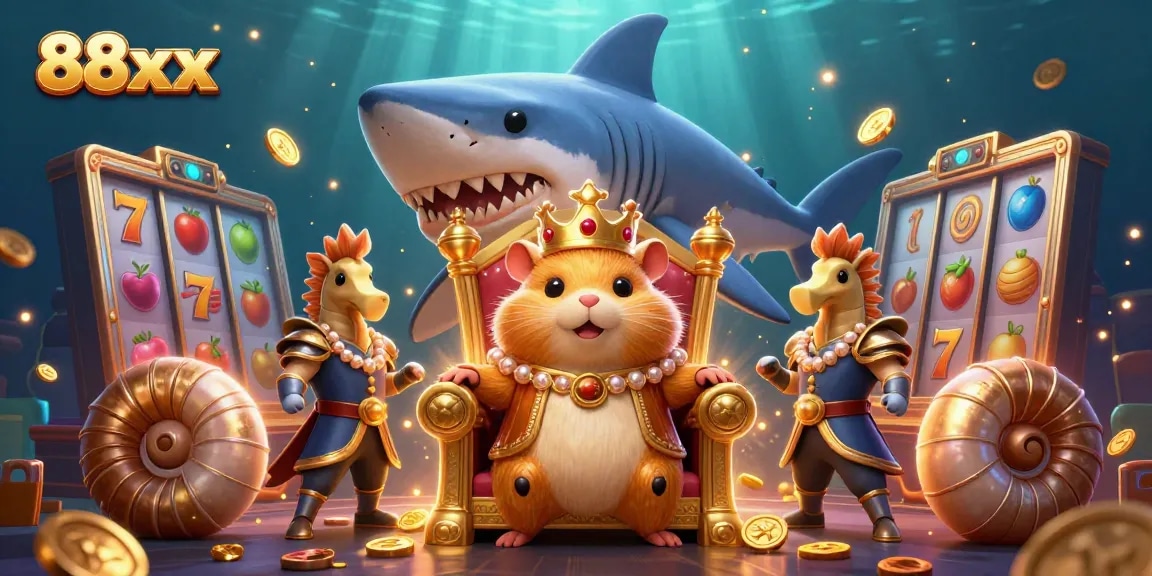 Experience thrilling 88xx casino action with a golden hamster king and vibrant slot elements.