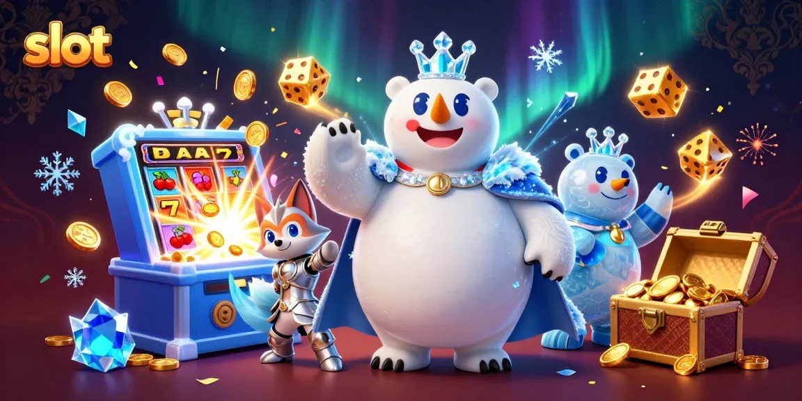 Spin the jackpot slot machine with a 3D cartoon ice king polar bear and snow fox in a vibrant gaming scene.