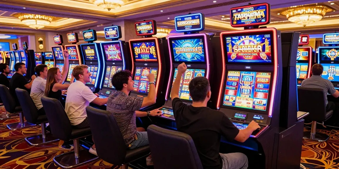 Permainan slot yang seru di kasino dengan para pemain menikmati kemenangan.