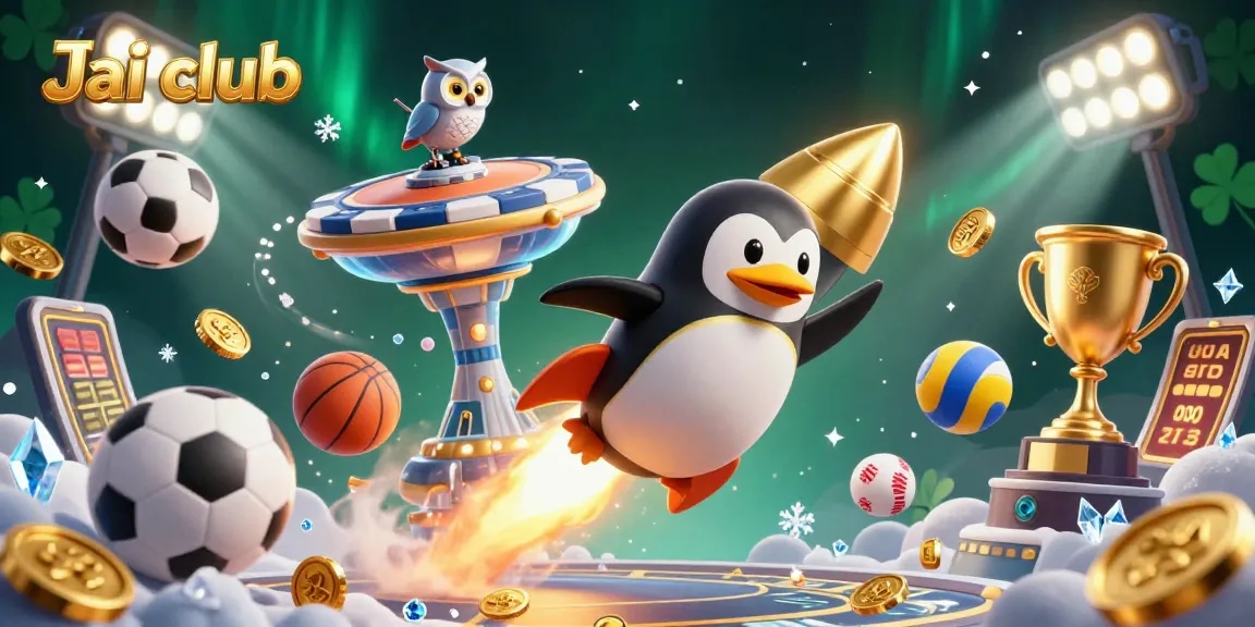 Experience thrilling action at Jai club with a golden penguin racing towards a casino in a dynamic sports-themed scene.