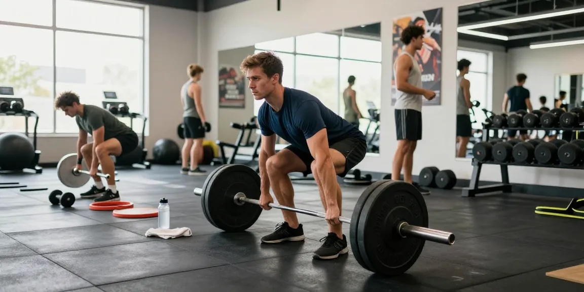 Athletic man lifting weights in the gym at Deus Medical Shop, showcasing dedication to fitness