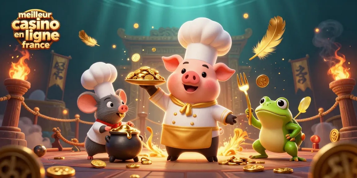 Découvrez le meilleur casino en ligne en France avec cette illustration captivante mettant en scène un chef cartoon et des éléments dorés.