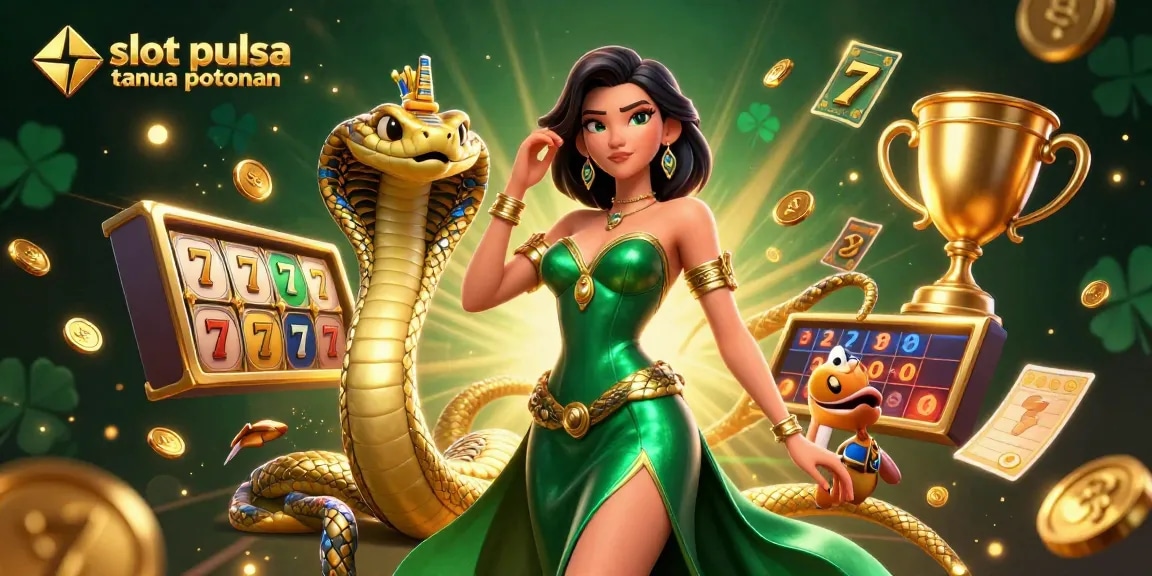 Engage with slot pulsa tanpa potongan in a vibrant gambling scene featuring an elegant woman and golden cobra.