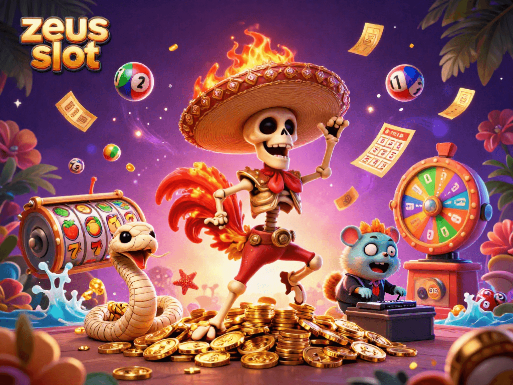 Spin the zeus slot with vibrant characters celebrating on coins and lottery elements