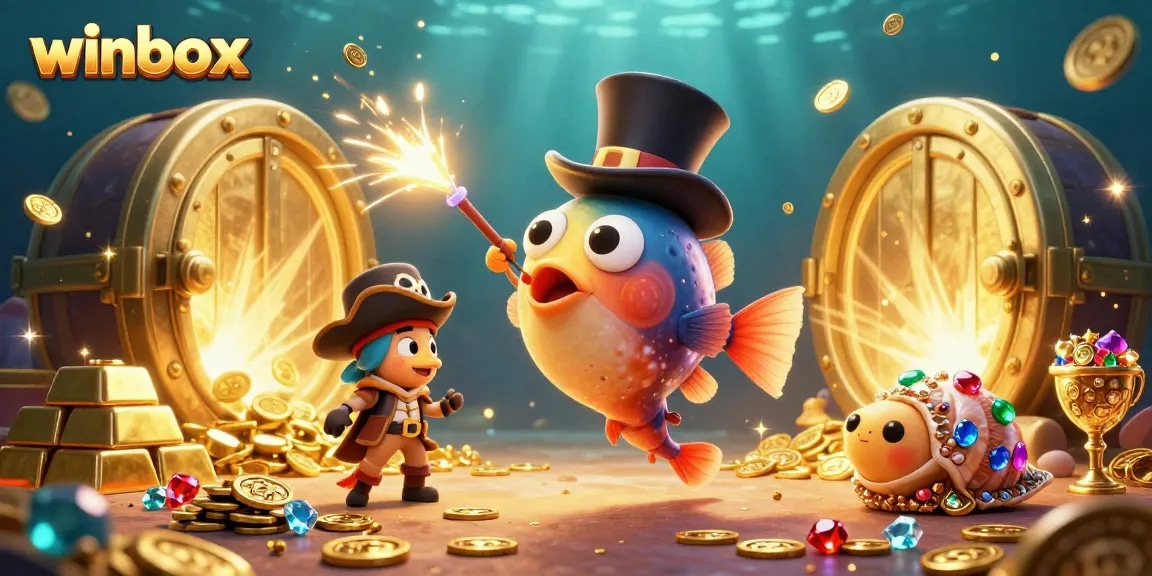 Winbox showcases the thrill of gaming with glowing coins and rich treasures amidst vibrant casino motifs.