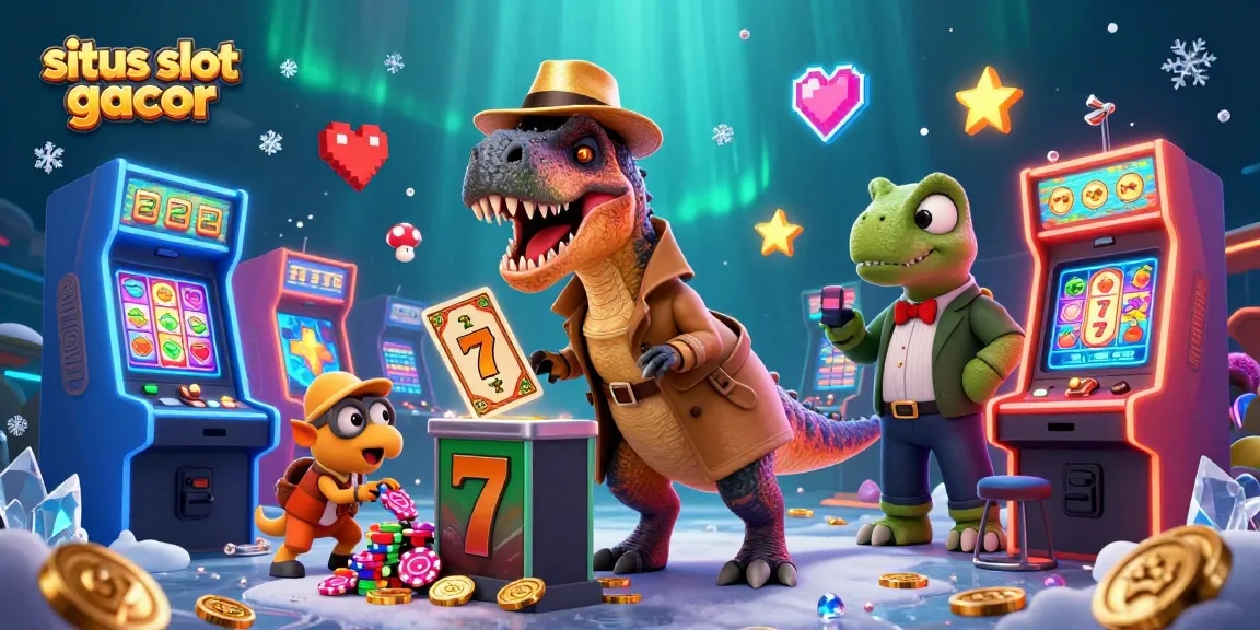 Situs slot gacor shines with a velociraptor at slot machine while a stegosaurus watches over in this vibrant 3D scene.