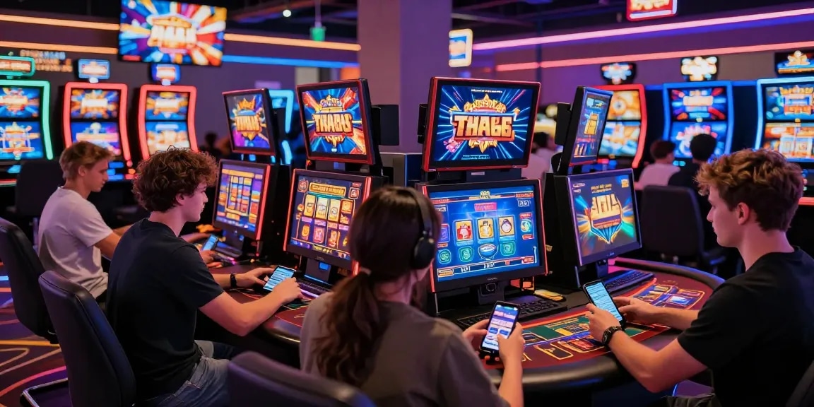 Exciting 鉅城娛樂 online gaming scene with players at vibrant slot machines and live dealer tables