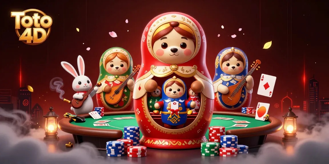 Toto 4D players celebrate wins with colorful poker chips, while a Matryoshka bear and rabbit create a festive casino scene.