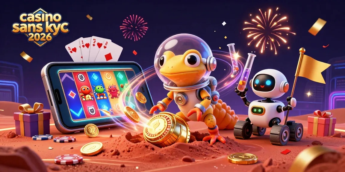 Profitez de l'expérience casino sans KYC 2026 avec un gecko martien dans un casino doré sur Mars.