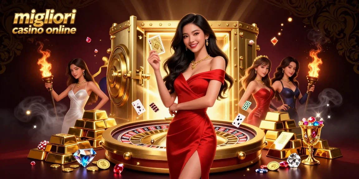 Scena coinvolgente che rappresenta i migliori casino online con una bellissima donna asiatica e elementi dorati, tra cui roulette e carte da gioco.
