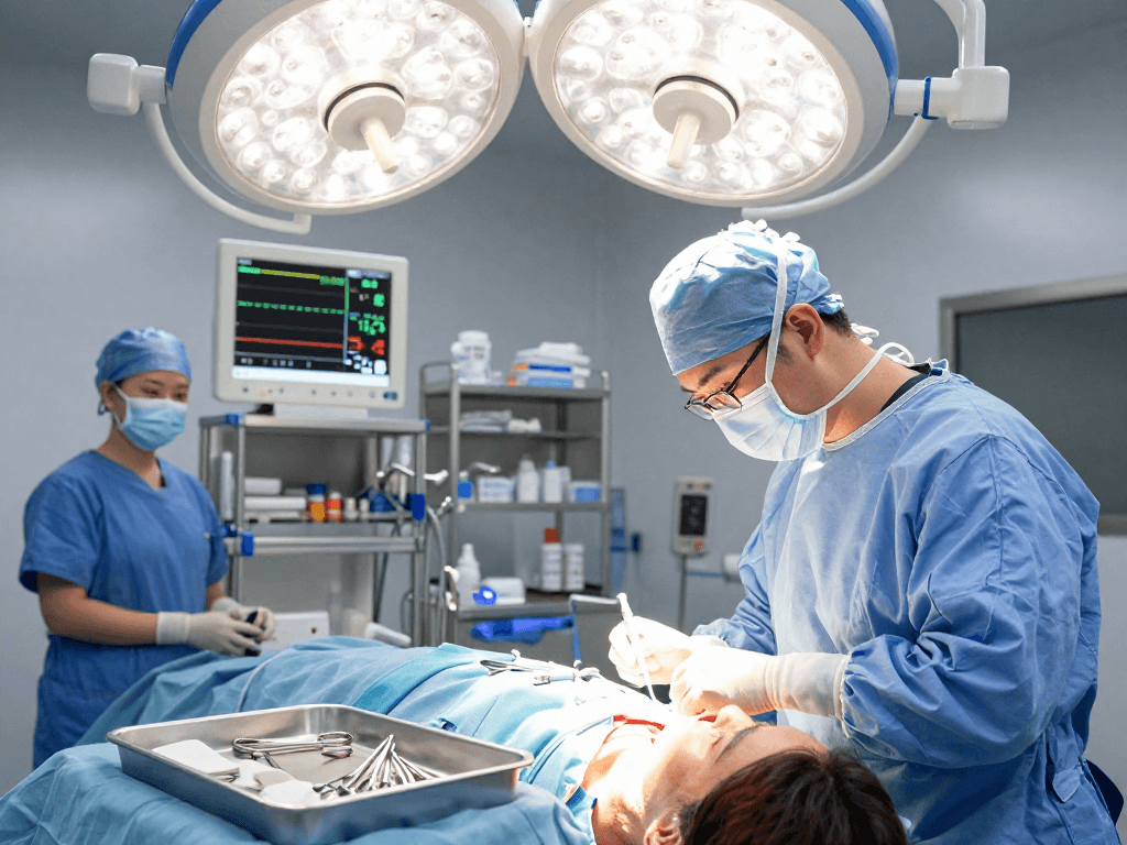 Boyun fıtığı ameliyatı in a modern surgical room with a focused team.