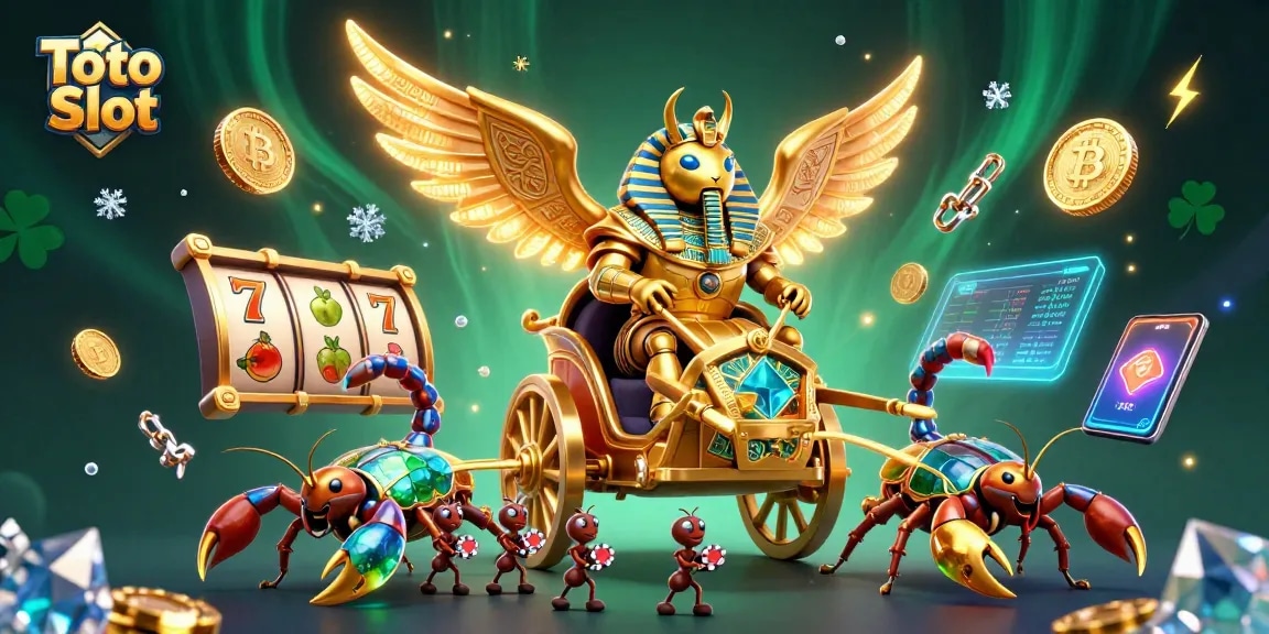 Toto Slot membawa imajinasi dengan ilustrasi 3D kartun luar biasa tentang scarab emas, roda slot, dan efek kripto.
