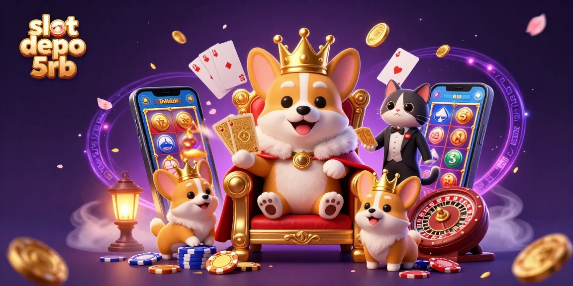 Spin slot depo 5rb reels as royal corgi reigns over a vibrant casino realm filled with jewels.
